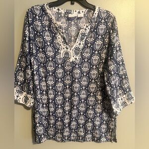 Sigrid Olsen 100% linen Blue and White 3/4 sleeve Tunic V Neck blouse medium